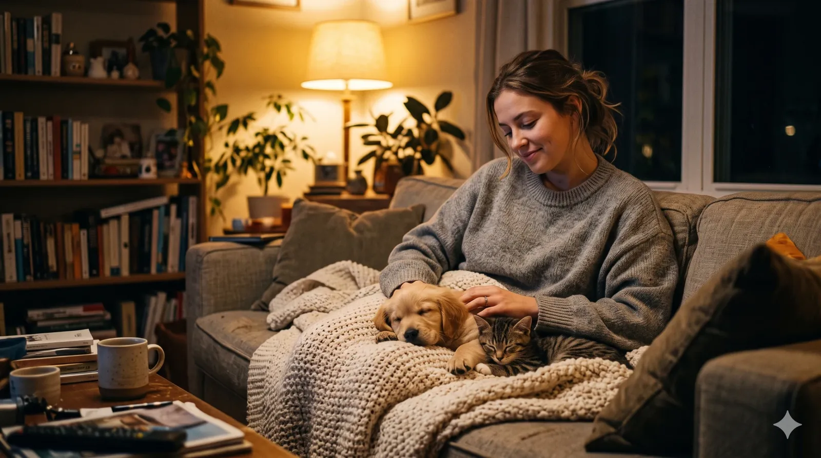 A woman in a grey sweater sits on a sofa at night under a warm lamp, a sleeping golden puppy and a tabby kitten curled on the blanket in her lap