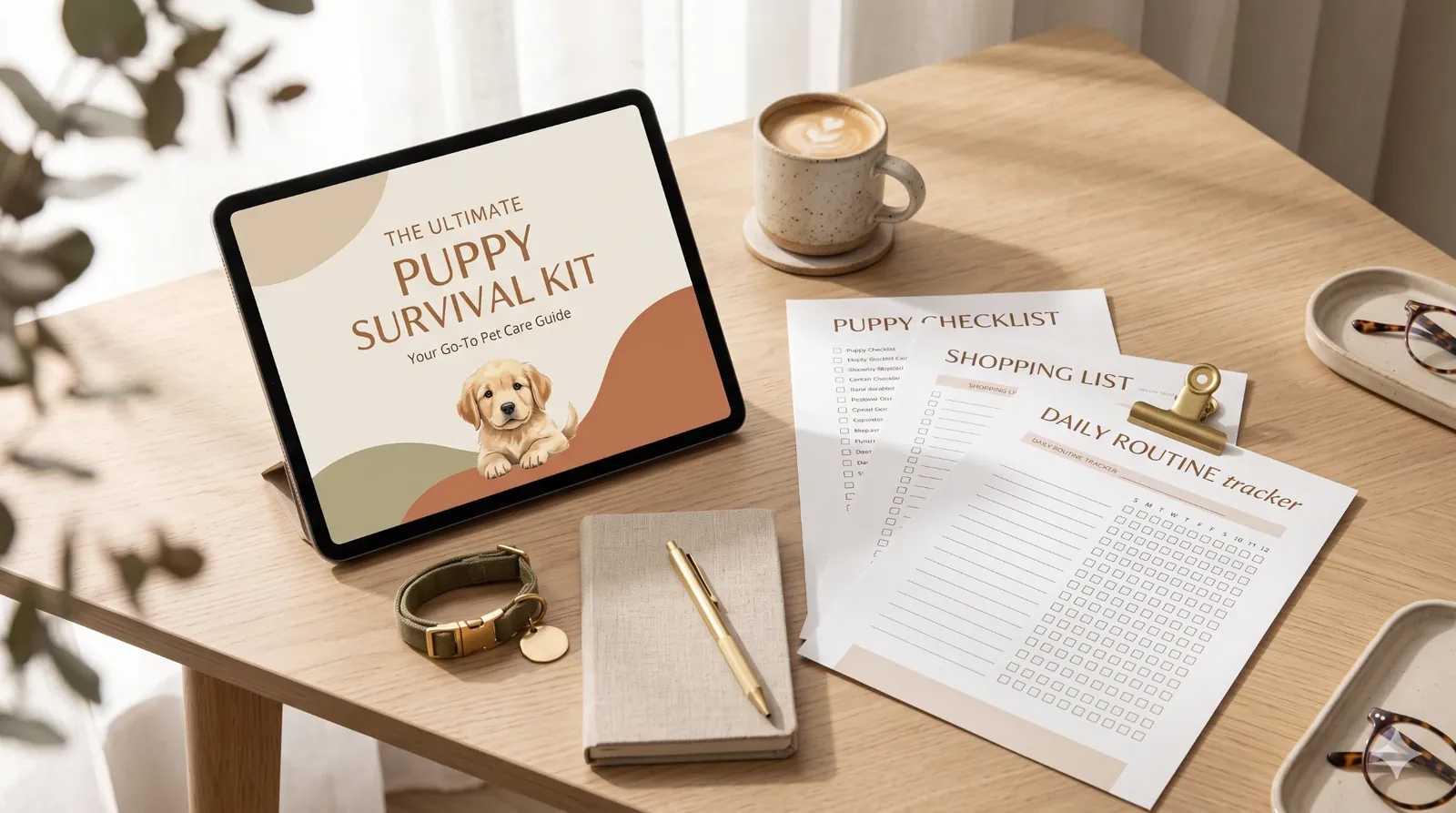 A tablet showing the cover of the Ultimate Puppy Survival Kit beside printed checklist, shopping list and daily routine tracker sheets on a wooden desk